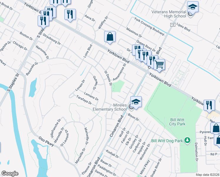 map of restaurants, bars, coffee shops, grocery stores, and more near 6221 Strasbourg Drive in Corpus Christi