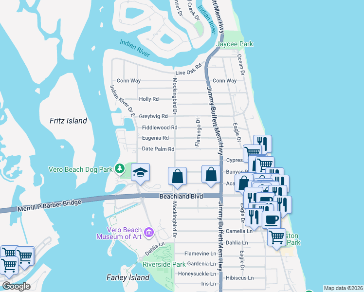 map of restaurants, bars, coffee shops, grocery stores, and more near 515 Date Palm Road in Vero Beach