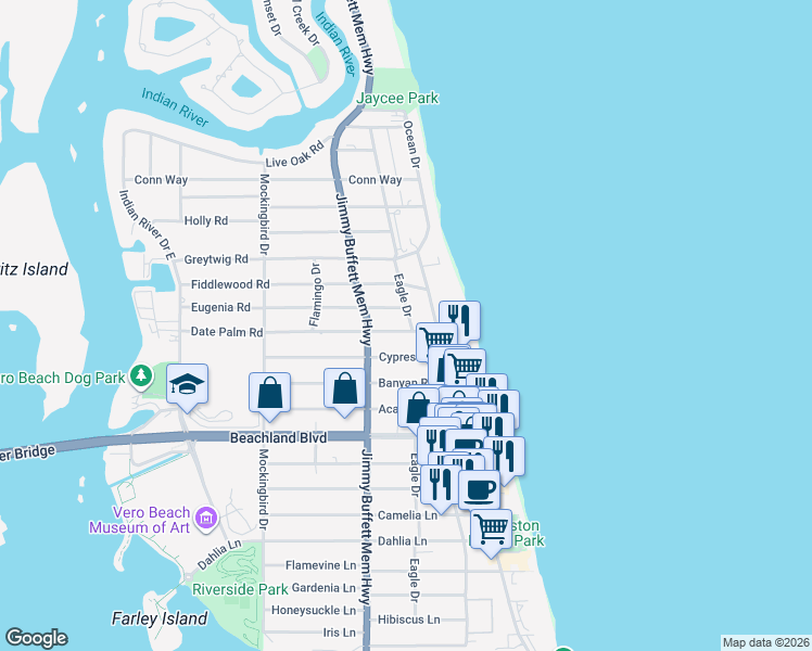 map of restaurants, bars, coffee shops, grocery stores, and more near 726 Date Palm Road in Vero Beach