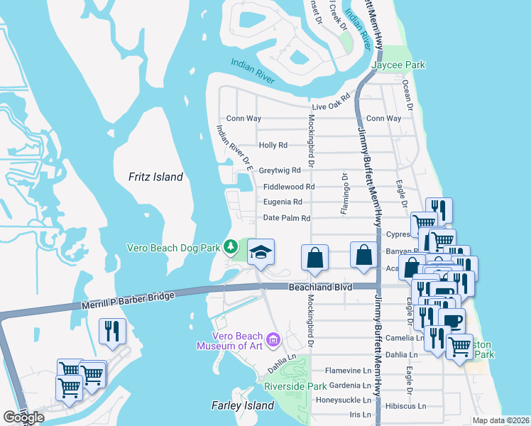 map of restaurants, bars, coffee shops, grocery stores, and more near 336 Date Palm Road in Vero Beach