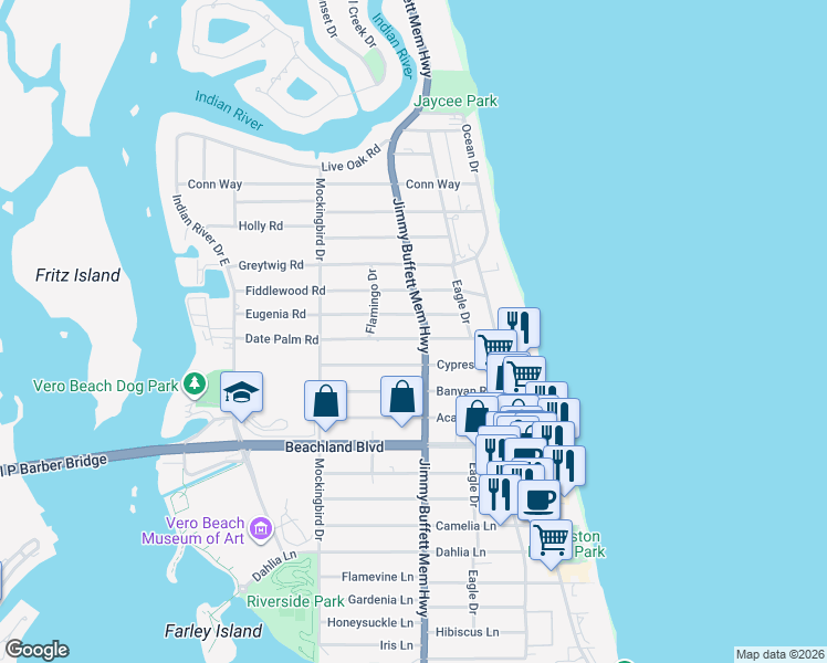 map of restaurants, bars, coffee shops, grocery stores, and more near 661 Date Palm Road in Vero Beach