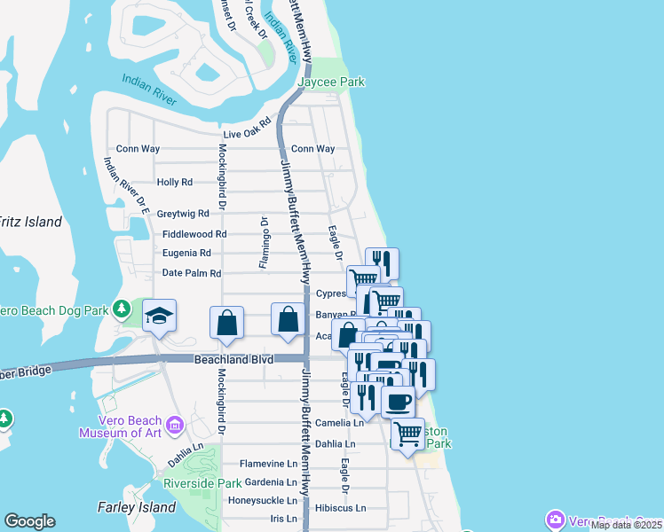 map of restaurants, bars, coffee shops, grocery stores, and more near 726 Date Palm Road in Vero Beach