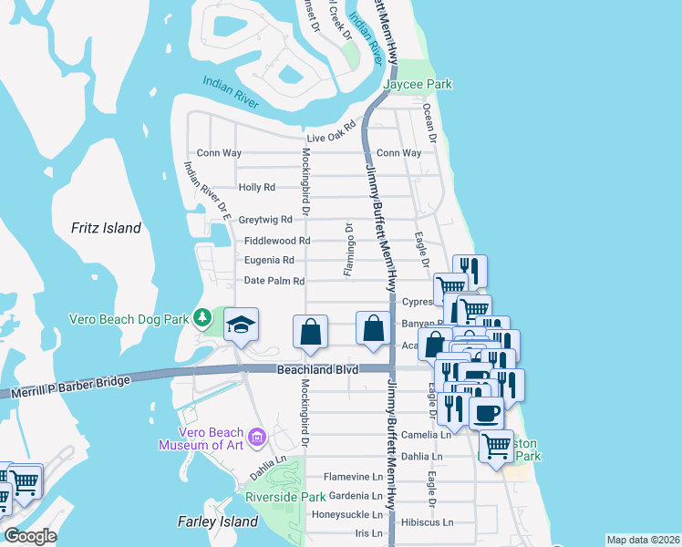 map of restaurants, bars, coffee shops, grocery stores, and more near 576 Date Palm Road in Vero Beach