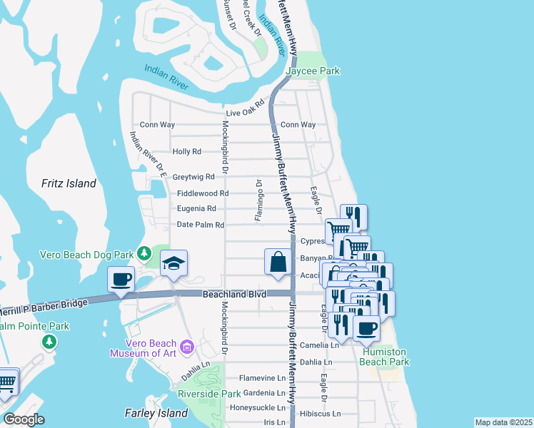 map of restaurants, bars, coffee shops, grocery stores, and more near 616 Eugenia Road in Vero Beach