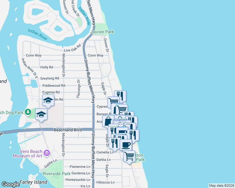 map of restaurants, bars, coffee shops, grocery stores, and more near 3554 Ocean Drive in Vero Beach