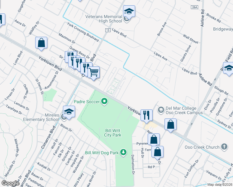 map of restaurants, bars, coffee shops, grocery stores, and more near 6652 County Road 24 in Corpus Christi