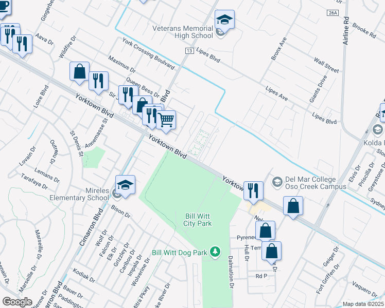 map of restaurants, bars, coffee shops, grocery stores, and more near 6640 Yorktown Boulevard in Corpus Christi