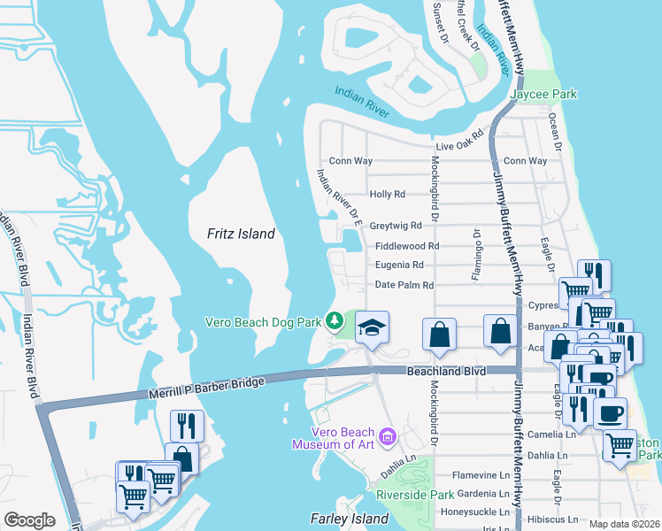 map of restaurants, bars, coffee shops, grocery stores, and more near 3634 Rio Vista Boulevard in Vero Beach