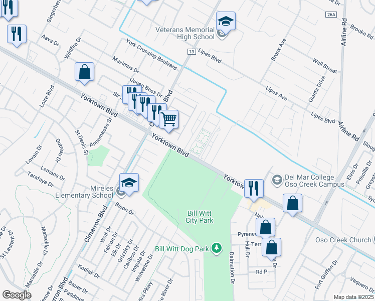 map of restaurants, bars, coffee shops, grocery stores, and more near 6630 Yorktown Boulevard in Corpus Christi