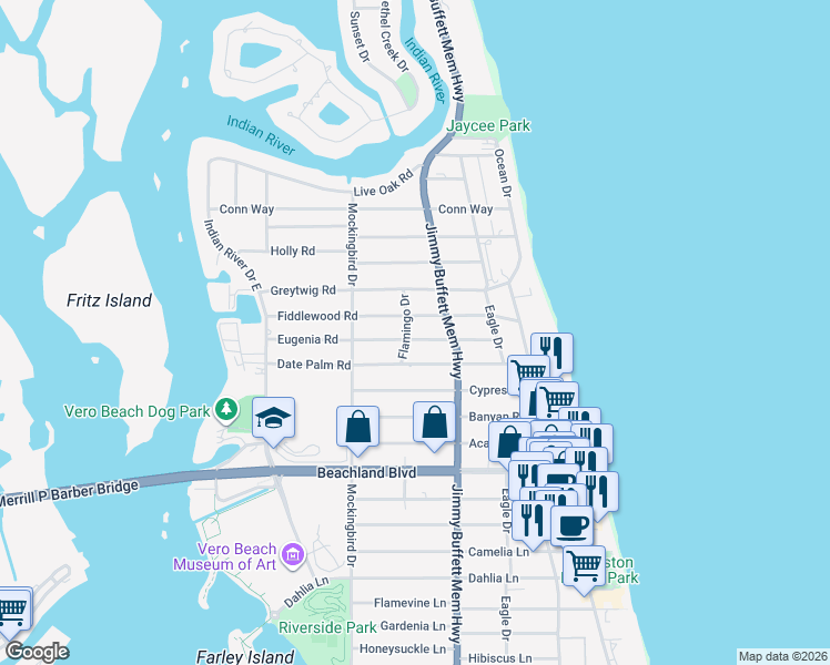 map of restaurants, bars, coffee shops, grocery stores, and more near 3655 Flamingo Drive in Vero Beach