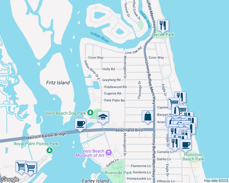 map of restaurants, bars, coffee shops, grocery stores, and more near 405 Eugenia Road in Vero Beach
