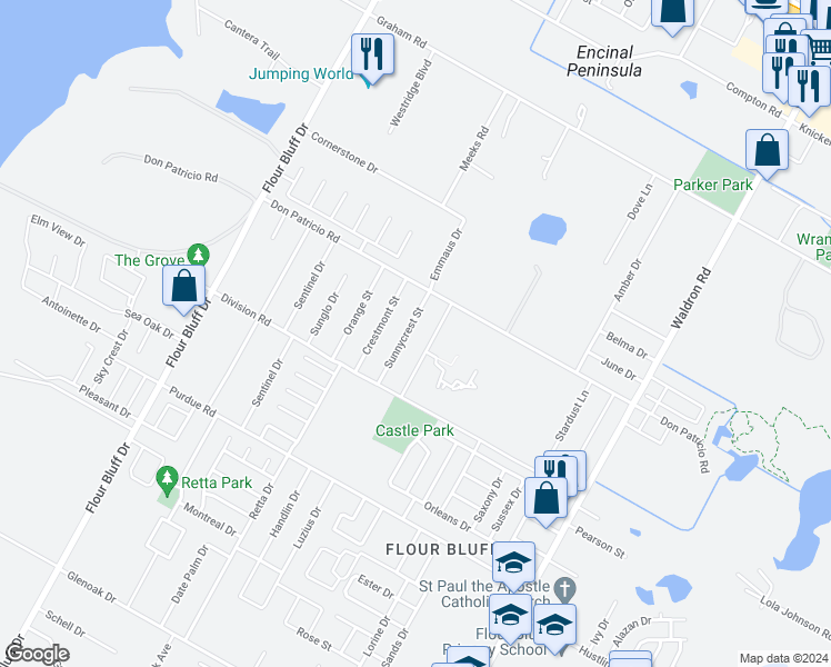 map of restaurants, bars, coffee shops, grocery stores, and more near 1938 Sunnycrest Street in Corpus Christi
