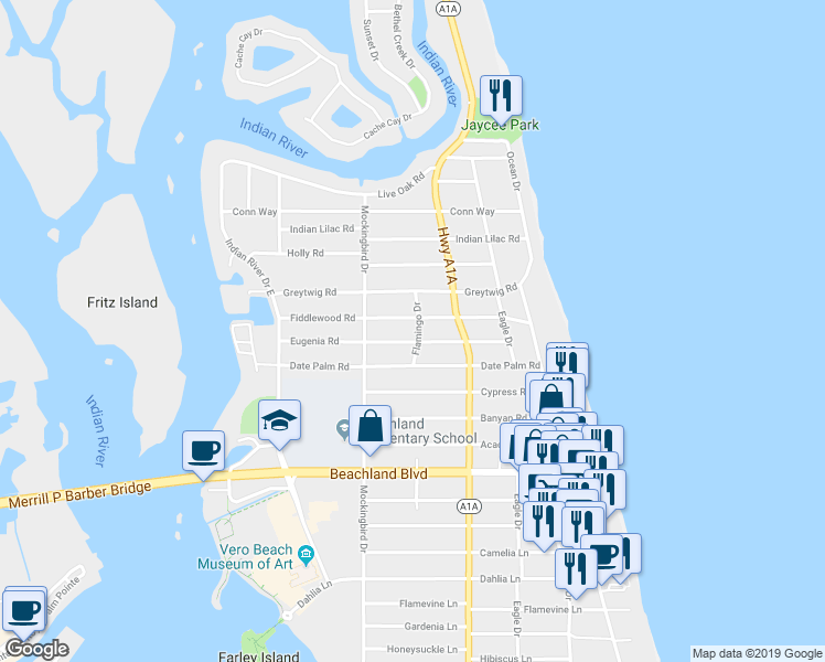 map of restaurants, bars, coffee shops, grocery stores, and more near 3655 Flamingo Drive in Vero Beach