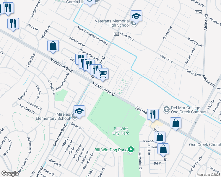 map of restaurants, bars, coffee shops, grocery stores, and more near 6630 Yorktown Boulevard in Corpus Christi