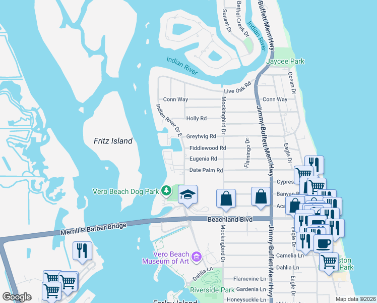 map of restaurants, bars, coffee shops, grocery stores, and more near 3636 Indian River Drive East in Vero Beach