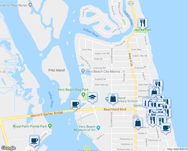 map of restaurants, bars, coffee shops, grocery stores, and more near 3636 Indian River Drive East in Vero Beach