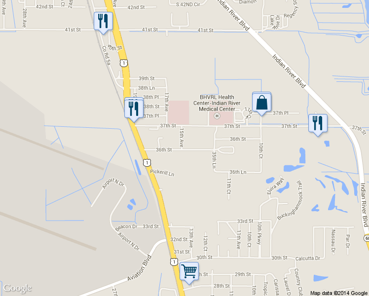map of restaurants, bars, coffee shops, grocery stores, and more near 1741 36th Street in Vero Beach