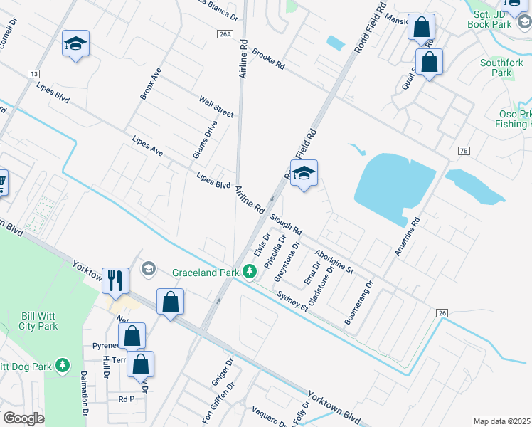 map of restaurants, bars, coffee shops, grocery stores, and more near Rodd Field Rd & Slough Rd in Corpus Christi