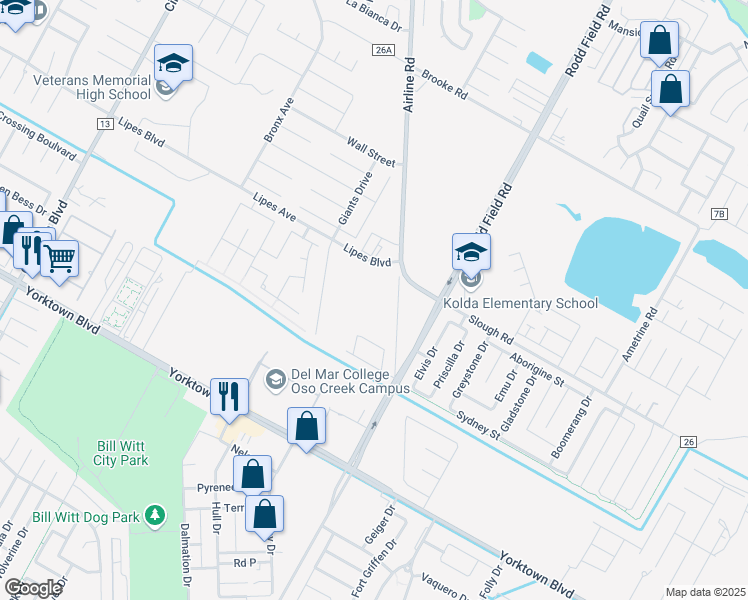 map of restaurants, bars, coffee shops, grocery stores, and more near 3933 Airline Road in Corpus Christi