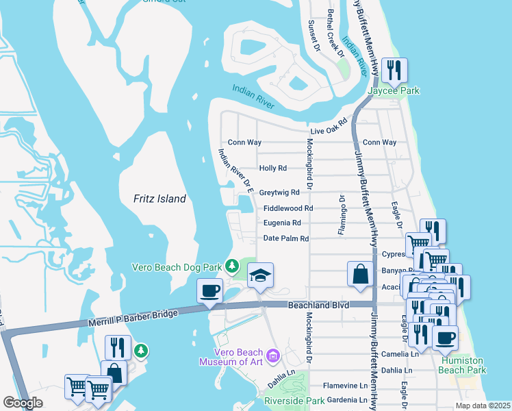 map of restaurants, bars, coffee shops, grocery stores, and more near 3799 Indian River Drive East in Vero Beach