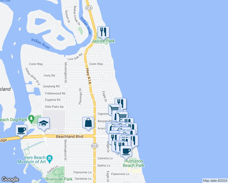 map of restaurants, bars, coffee shops, grocery stores, and more near 3702 Ocean Drive in Vero Beach