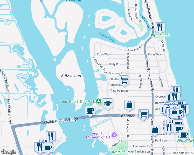 map of restaurants, bars, coffee shops, grocery stores, and more near 3634-3698 Rio Vista Boulevard in Vero Beach