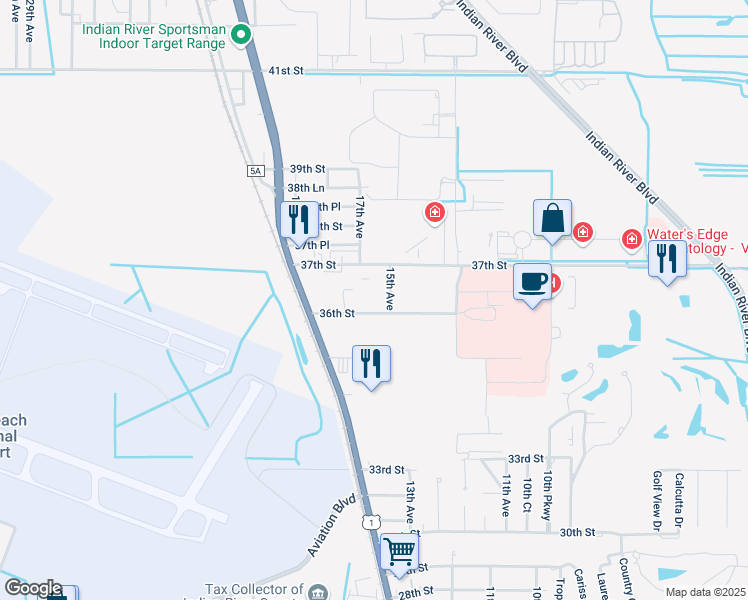 map of restaurants, bars, coffee shops, grocery stores, and more near 1601-1741 36th Street in Vero Beach
