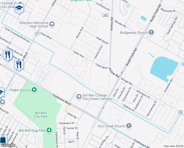 map of restaurants, bars, coffee shops, grocery stores, and more near 3918 Giants Drive in Corpus Christi