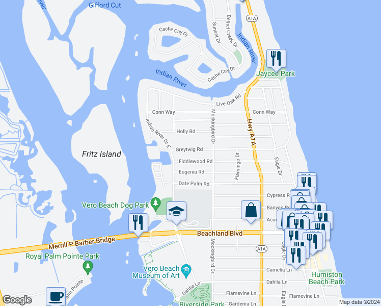 map of restaurants, bars, coffee shops, grocery stores, and more near 386 Greytwig Road in Vero Beach