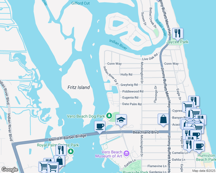 map of restaurants, bars, coffee shops, grocery stores, and more near 3855 Indian River Drive East in Vero Beach