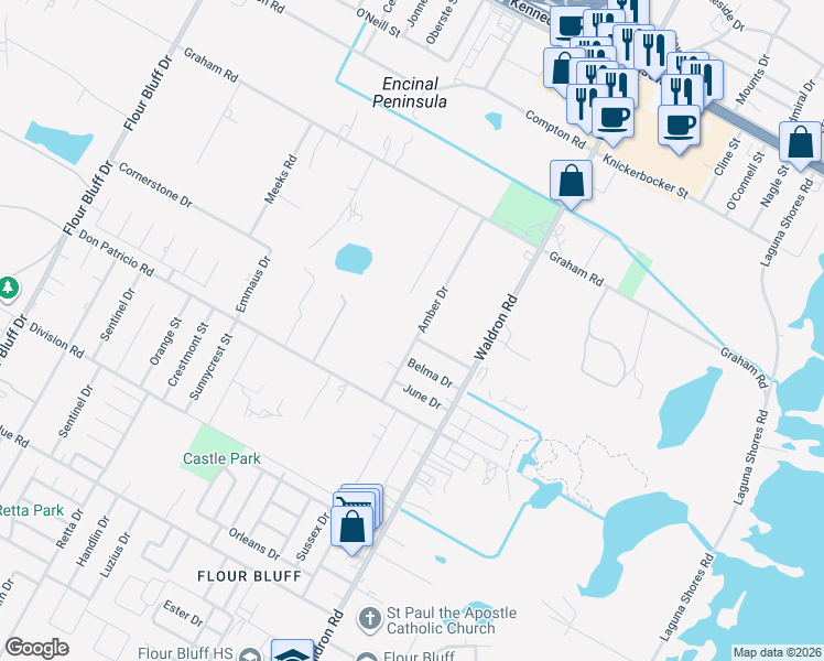 map of restaurants, bars, coffee shops, grocery stores, and more near 1713 Dove Lane in Corpus Christi