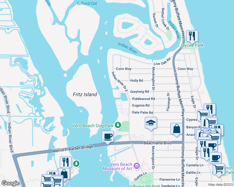 map of restaurants, bars, coffee shops, grocery stores, and more near 200 Greytwig Road in Vero Beach