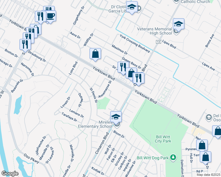 map of restaurants, bars, coffee shops, grocery stores, and more near 7510 Annemasse Street in Corpus Christi