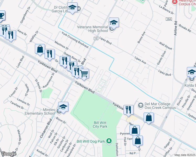 map of restaurants, bars, coffee shops, grocery stores, and more near 6640 Yorktown Boulevard in Corpus Christi
