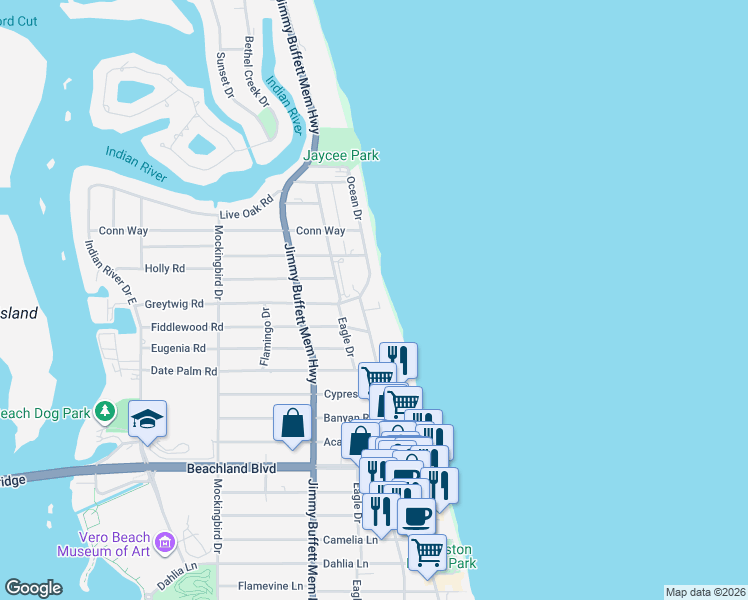 map of restaurants, bars, coffee shops, grocery stores, and more near 3766 Ocean Drive in Vero Beach