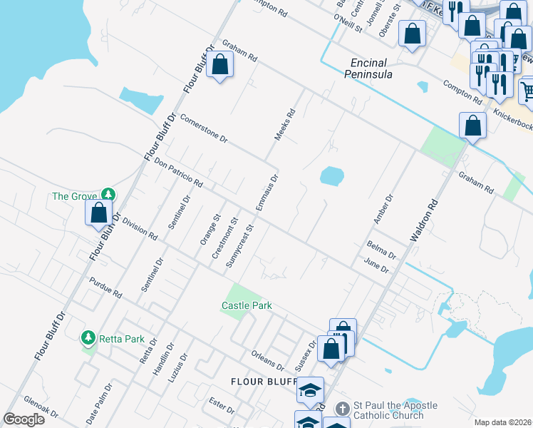 map of restaurants, bars, coffee shops, grocery stores, and more near 1841 Emmaus Drive in Corpus Christi