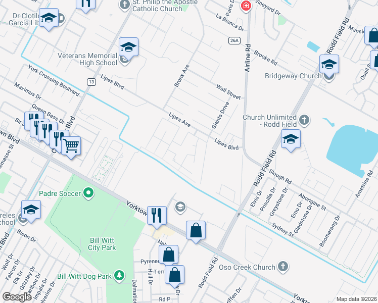 map of restaurants, bars, coffee shops, grocery stores, and more near 6915 Tillet Court in Corpus Christi