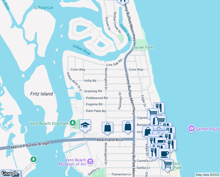 map of restaurants, bars, coffee shops, grocery stores, and more near 515 Greytwig Road in Vero Beach