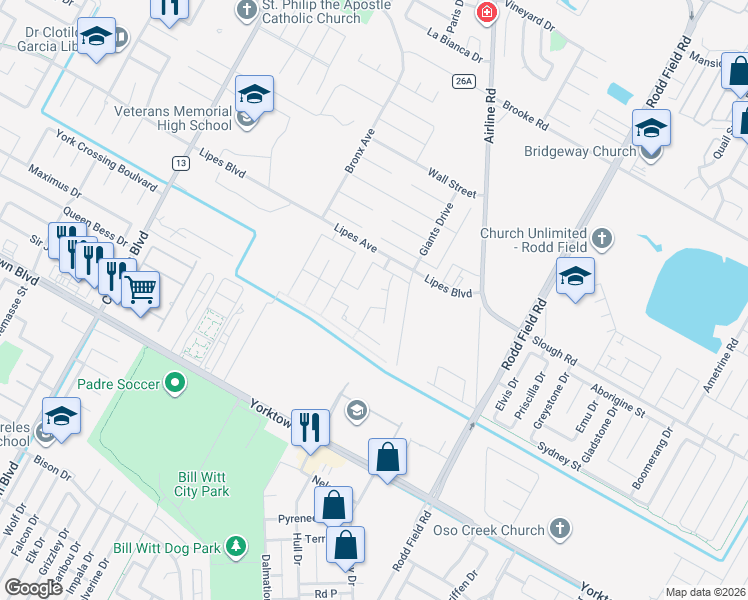 map of restaurants, bars, coffee shops, grocery stores, and more near 6915 Tillet Court in Corpus Christi