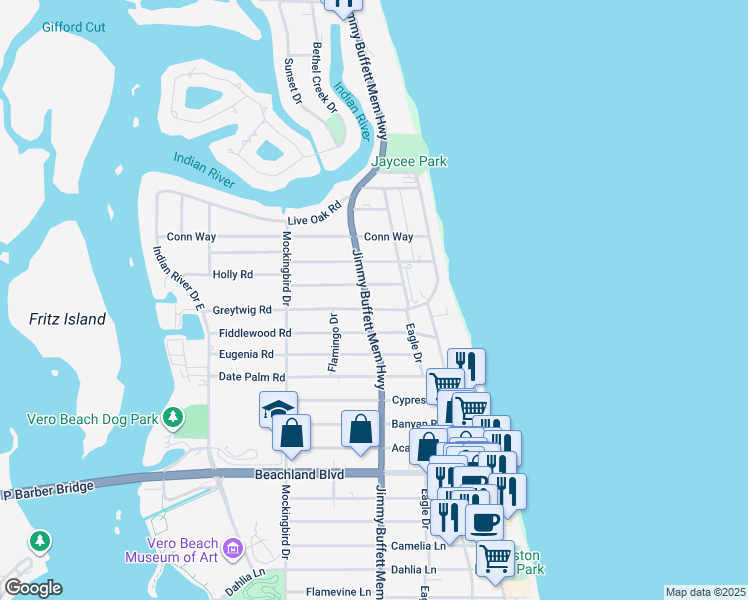 map of restaurants, bars, coffee shops, grocery stores, and more near 705 Greytwig Road in Vero Beach