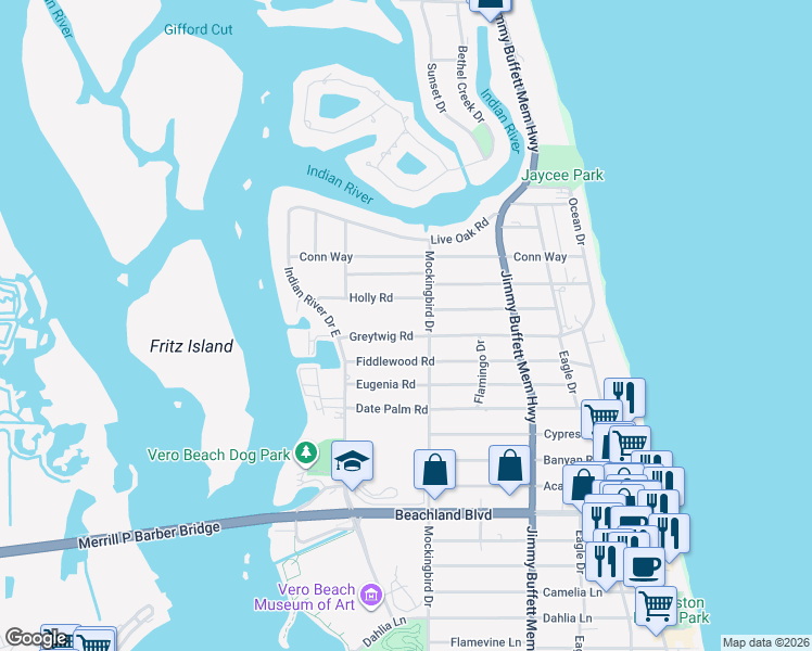 map of restaurants, bars, coffee shops, grocery stores, and more near 445 Greytwig Road in Vero Beach
