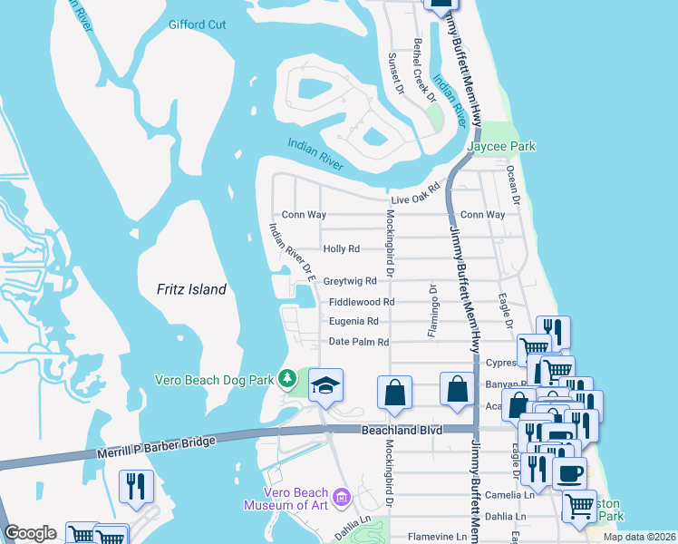 map of restaurants, bars, coffee shops, grocery stores, and more near 325 Greytwig Road in Vero Beach