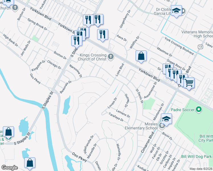map of restaurants, bars, coffee shops, grocery stores, and more near 5922 Beauvais Drive in Corpus Christi