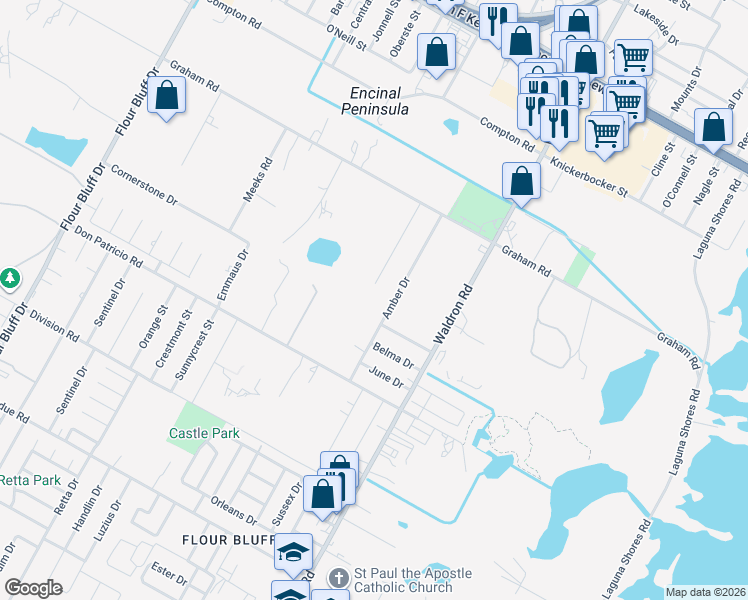 map of restaurants, bars, coffee shops, grocery stores, and more near 1713 Dove Lane in Corpus Christi