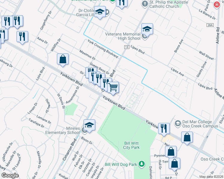 map of restaurants, bars, coffee shops, grocery stores, and more near 6506 Ponil Creek Drive in Corpus Christi