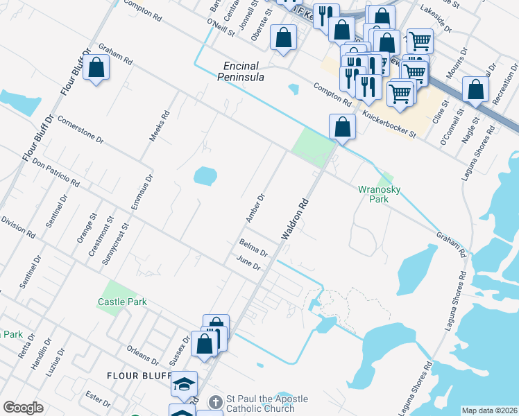 map of restaurants, bars, coffee shops, grocery stores, and more near 1649 Amber Drive in Corpus Christi