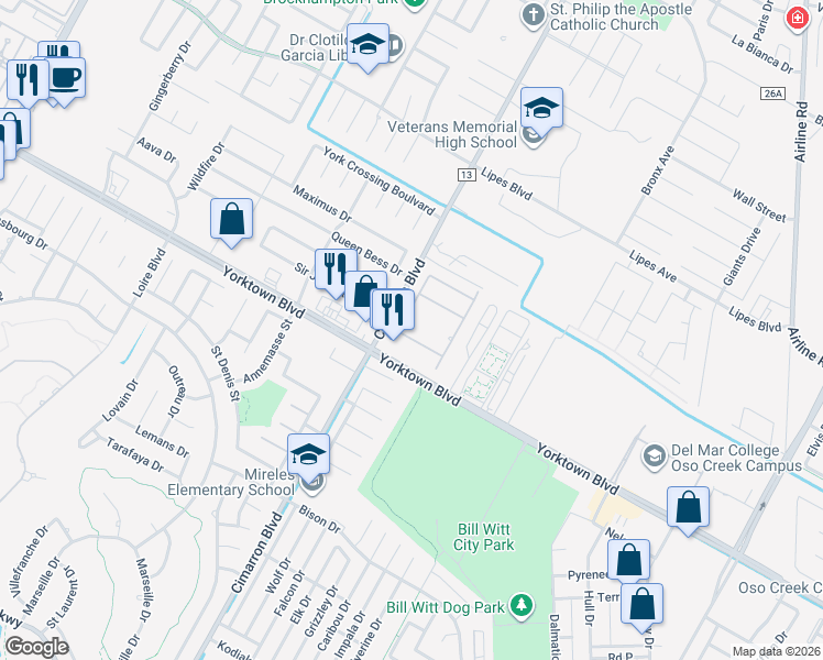 map of restaurants, bars, coffee shops, grocery stores, and more near 6506 Ponil Creek Drive in Corpus Christi