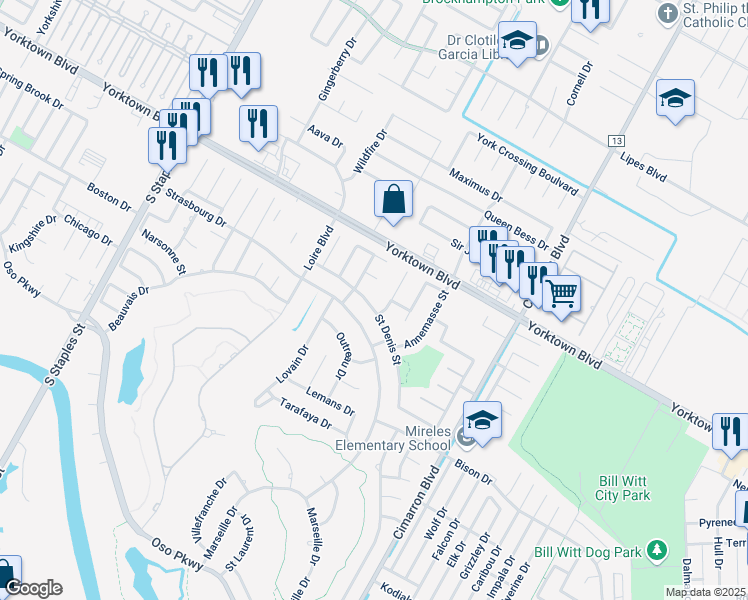 map of restaurants, bars, coffee shops, grocery stores, and more near 6142 Saint Denis Street in Corpus Christi