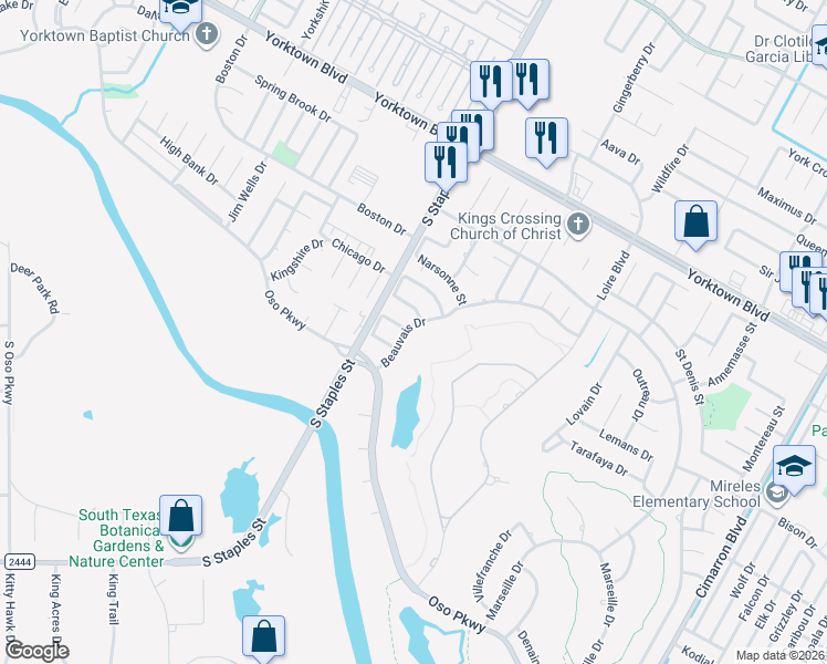 map of restaurants, bars, coffee shops, grocery stores, and more near 7802 Beauvais Drive in Corpus Christi