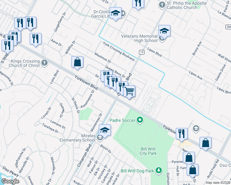 map of restaurants, bars, coffee shops, grocery stores, and more near 6346 Yorktown Boulevard in Corpus Christi